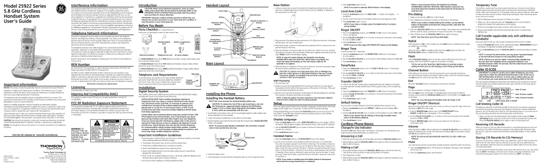 Technicolor - Thomson 25922 important safety instructions Important Information, Interference Information, REN Number 