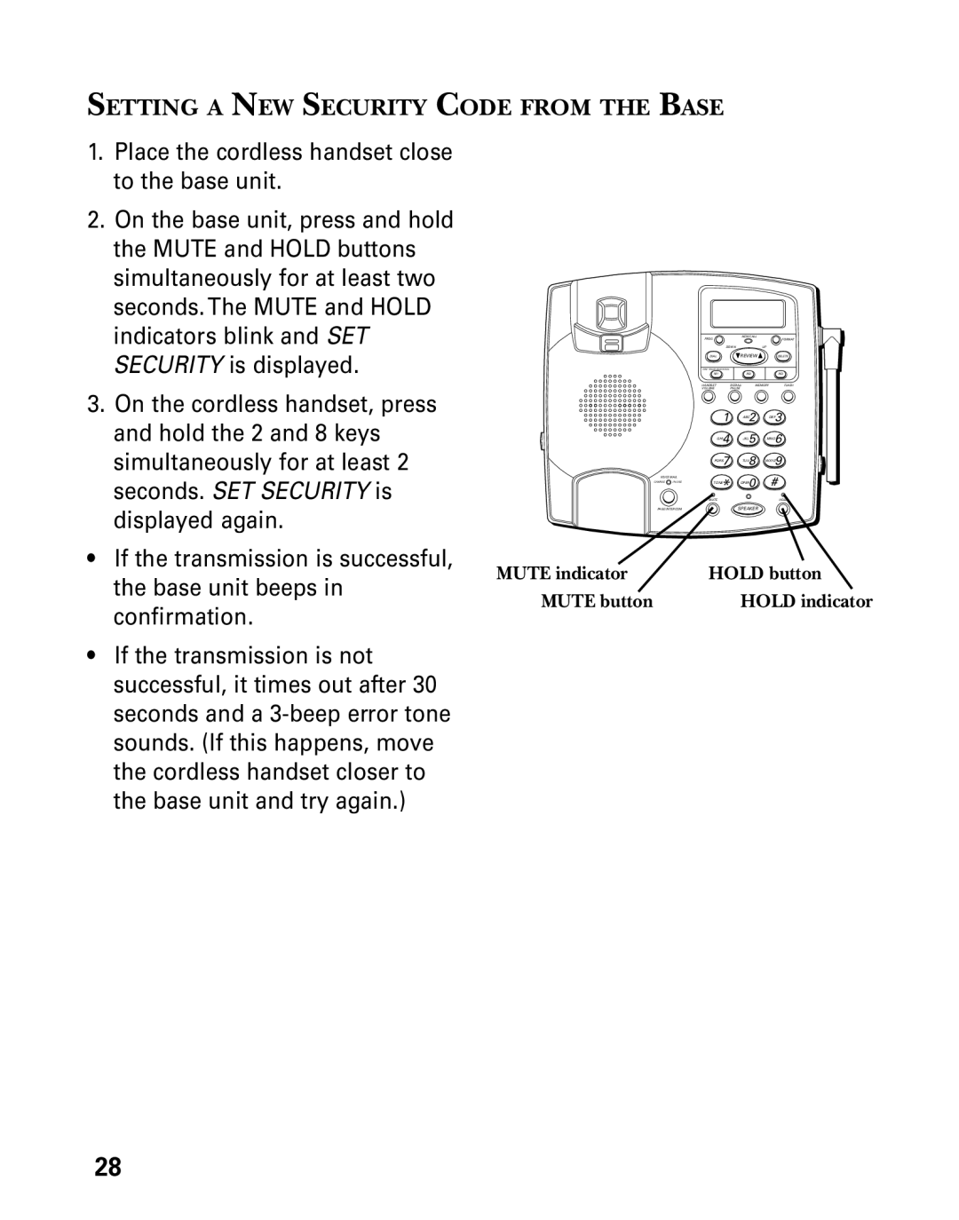 Technicolor - Thomson 26955 manual Setting a NEW Security Code from the Base, Mute indicator Hold button Mute button 