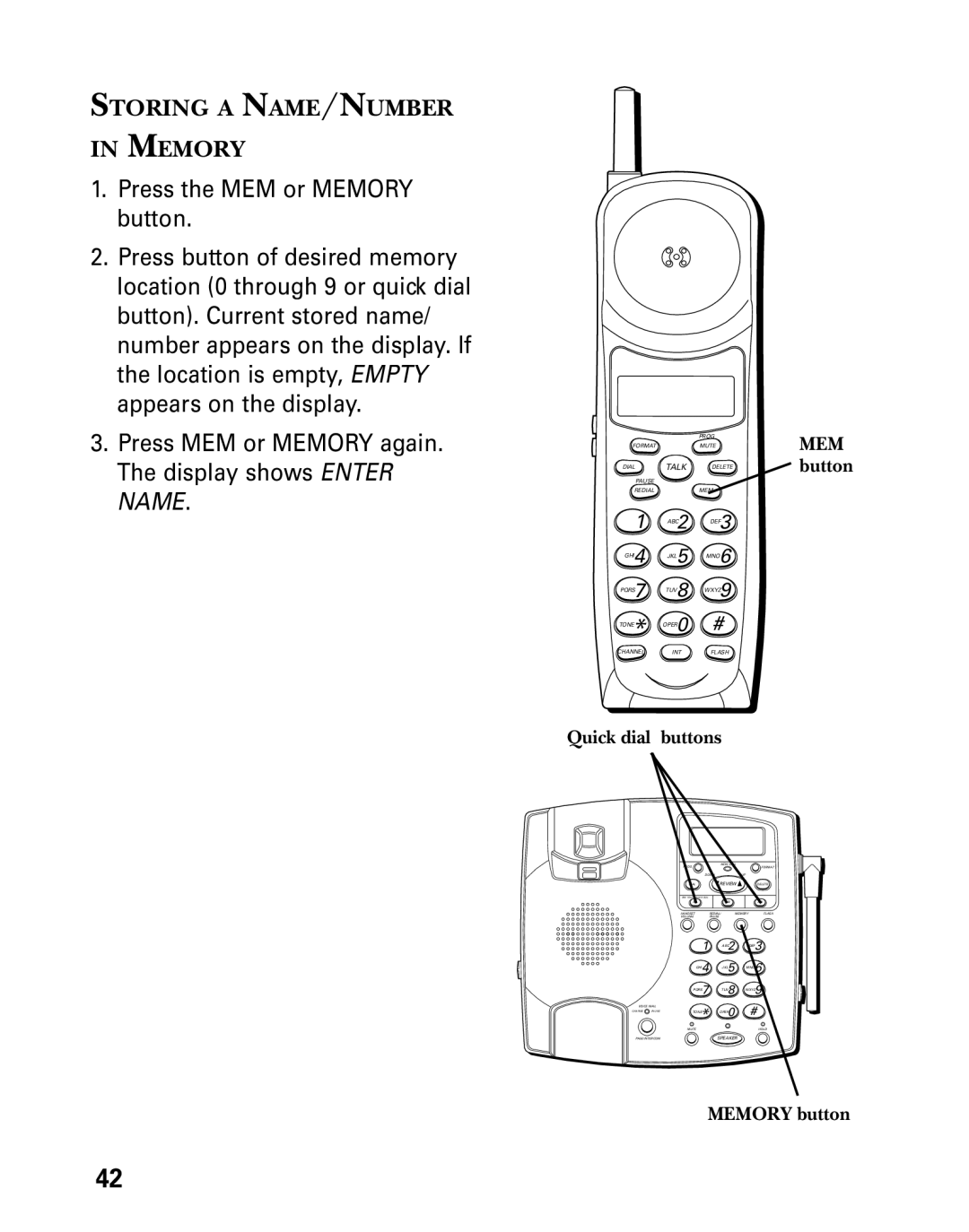 Technicolor - Thomson 26955 manual Storing a NAME/NUMBER Memory, MEM button Quick dial buttons, Memory button 