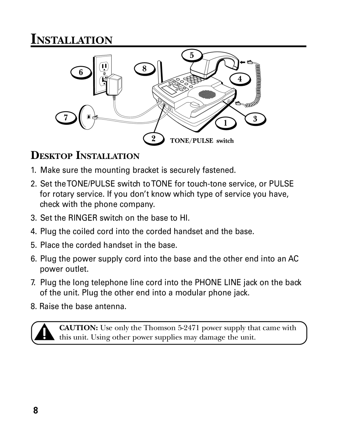 Technicolor - Thomson 26955 manual Desktop Installation, TONE/PULSE switch 