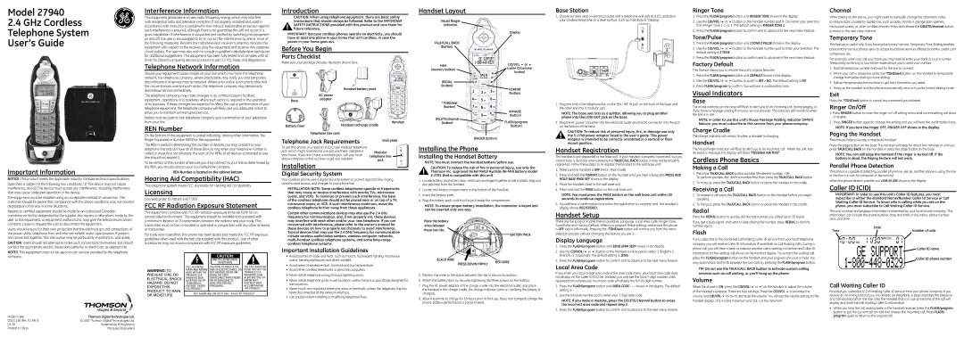 Technicolor - Thomson 27940 technical specifications Important Information, Interference Information, REN Number 