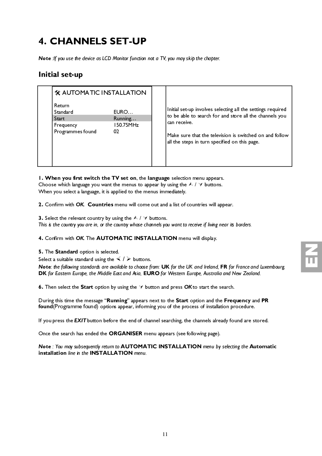 Technicolor - Thomson 27LCDB03B important safety instructions Channels SET-UP, Initial set-up, Automatic Installation 