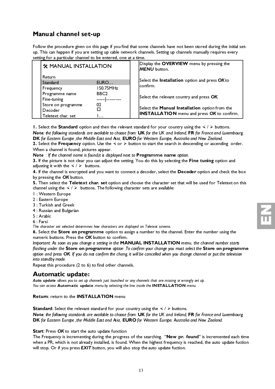 Technicolor - Thomson 27LCDB03B important safety instructions Manual channel set-up, Automatic update, Manual Installation 