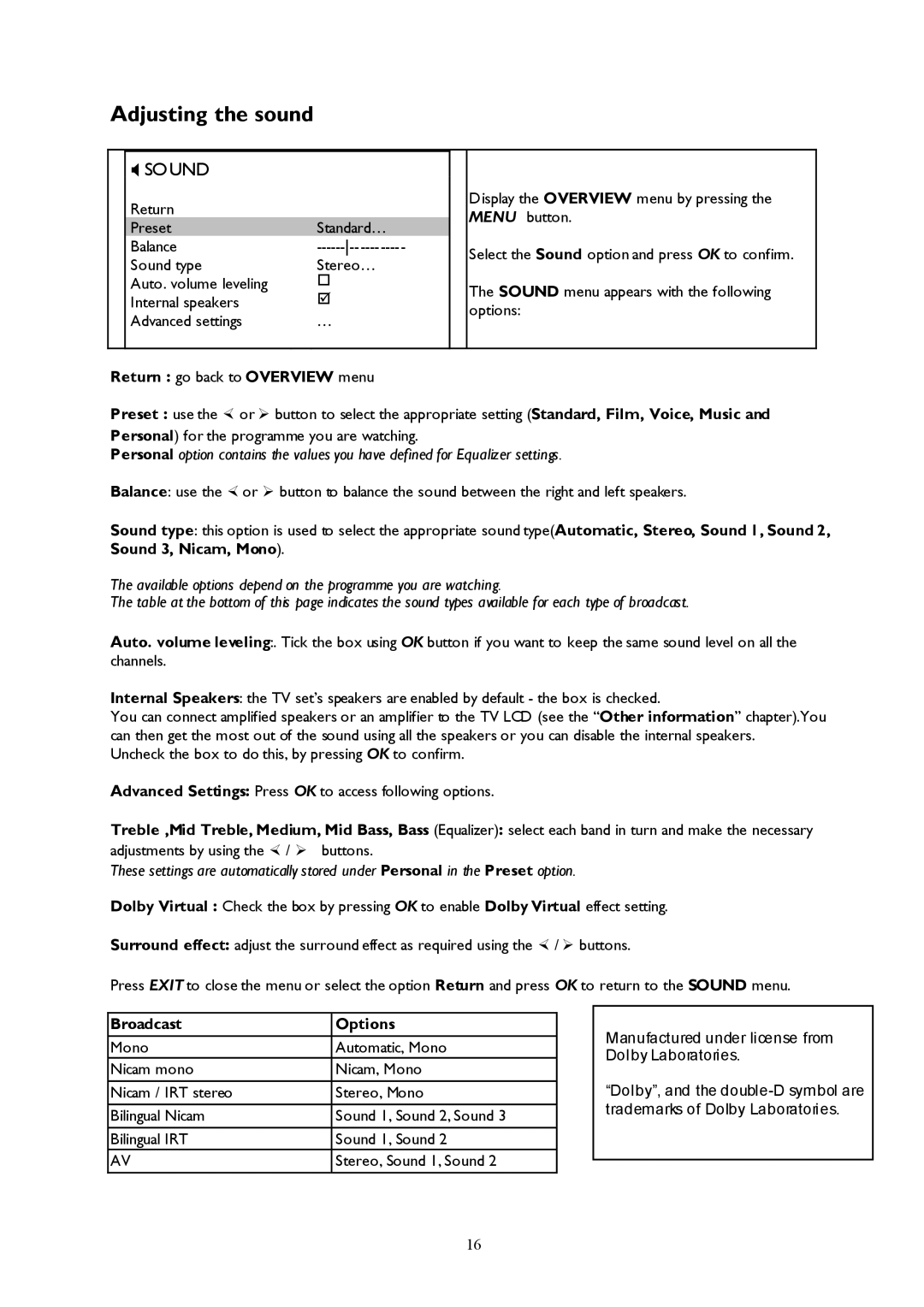 Technicolor - Thomson 27LCDB03B Adjusting the sound, Sound, Return go back to Overview menu, Broadcast Options 