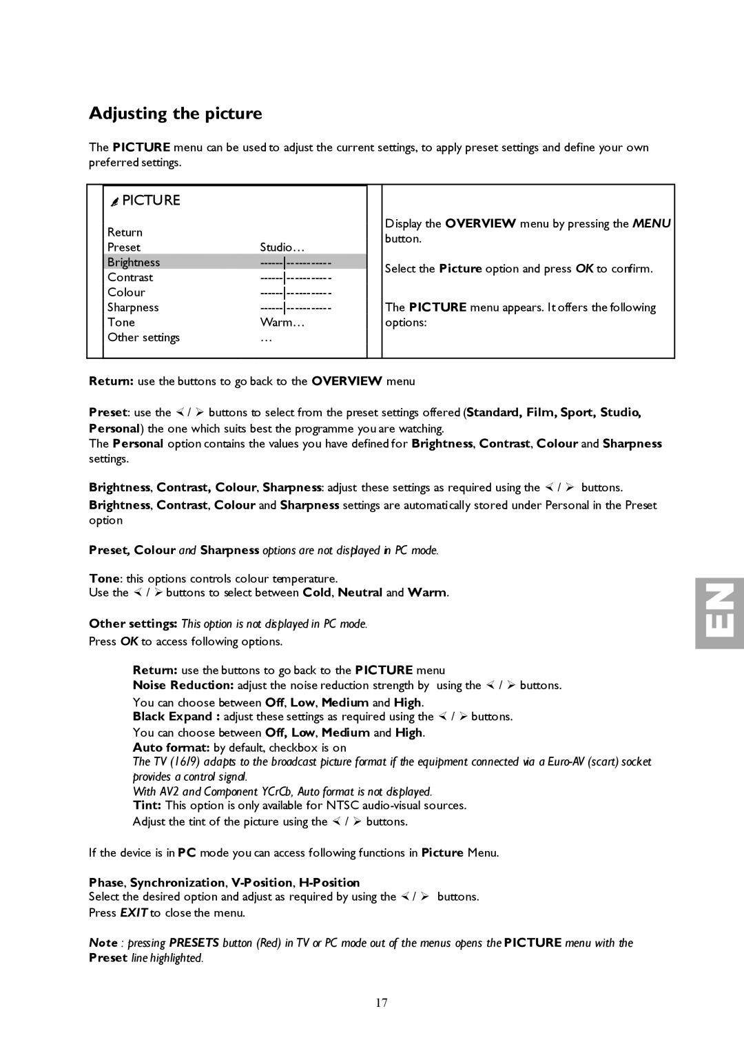 Technicolor - Thomson 27LCDB03B Adjusting the picture, Picture, Phase, Synchronization, V-Position,H-Position 