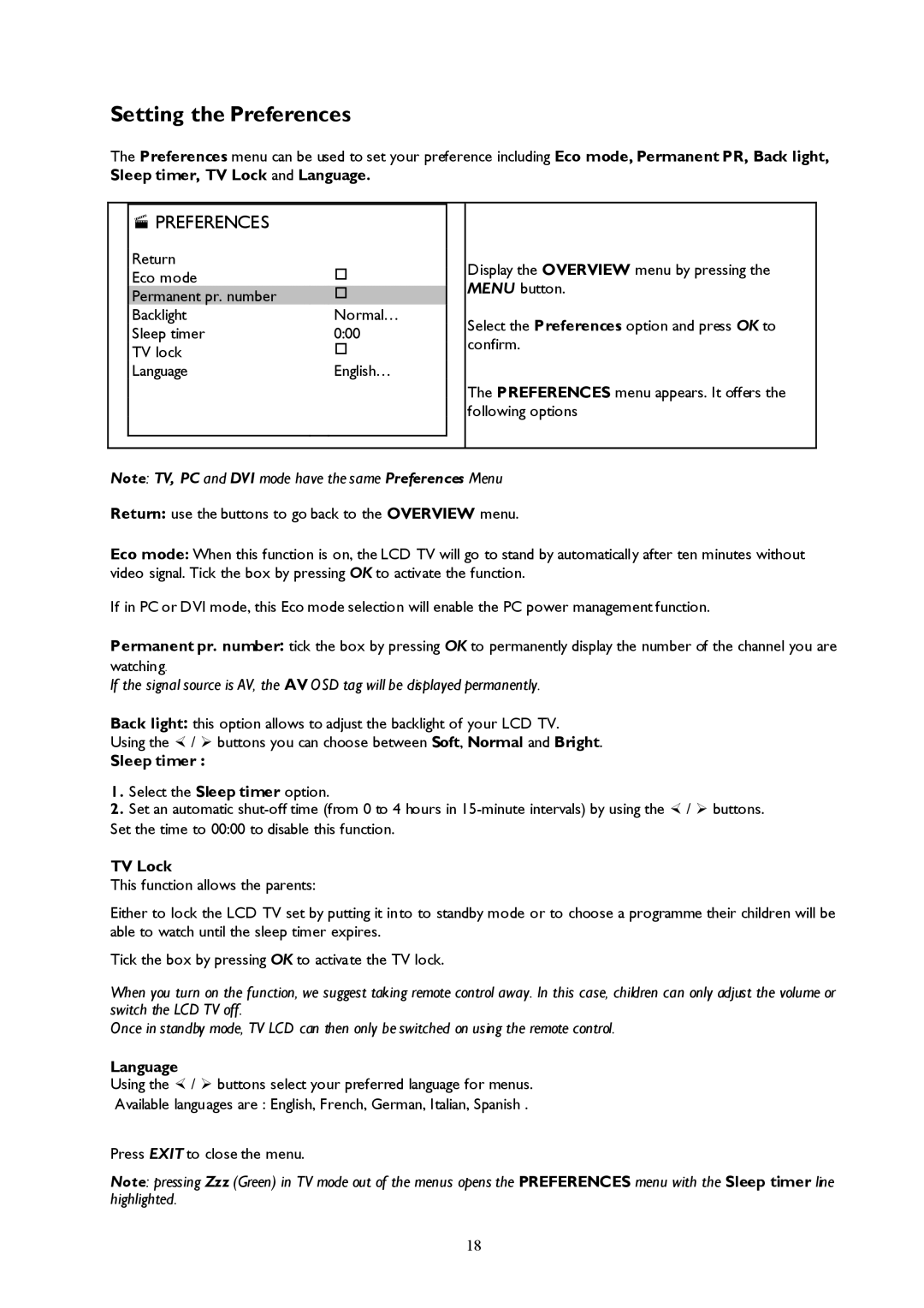 Technicolor - Thomson 27LCDB03B important safety instructions Setting the Preferences, Sleep timer, TV Lock, Language 