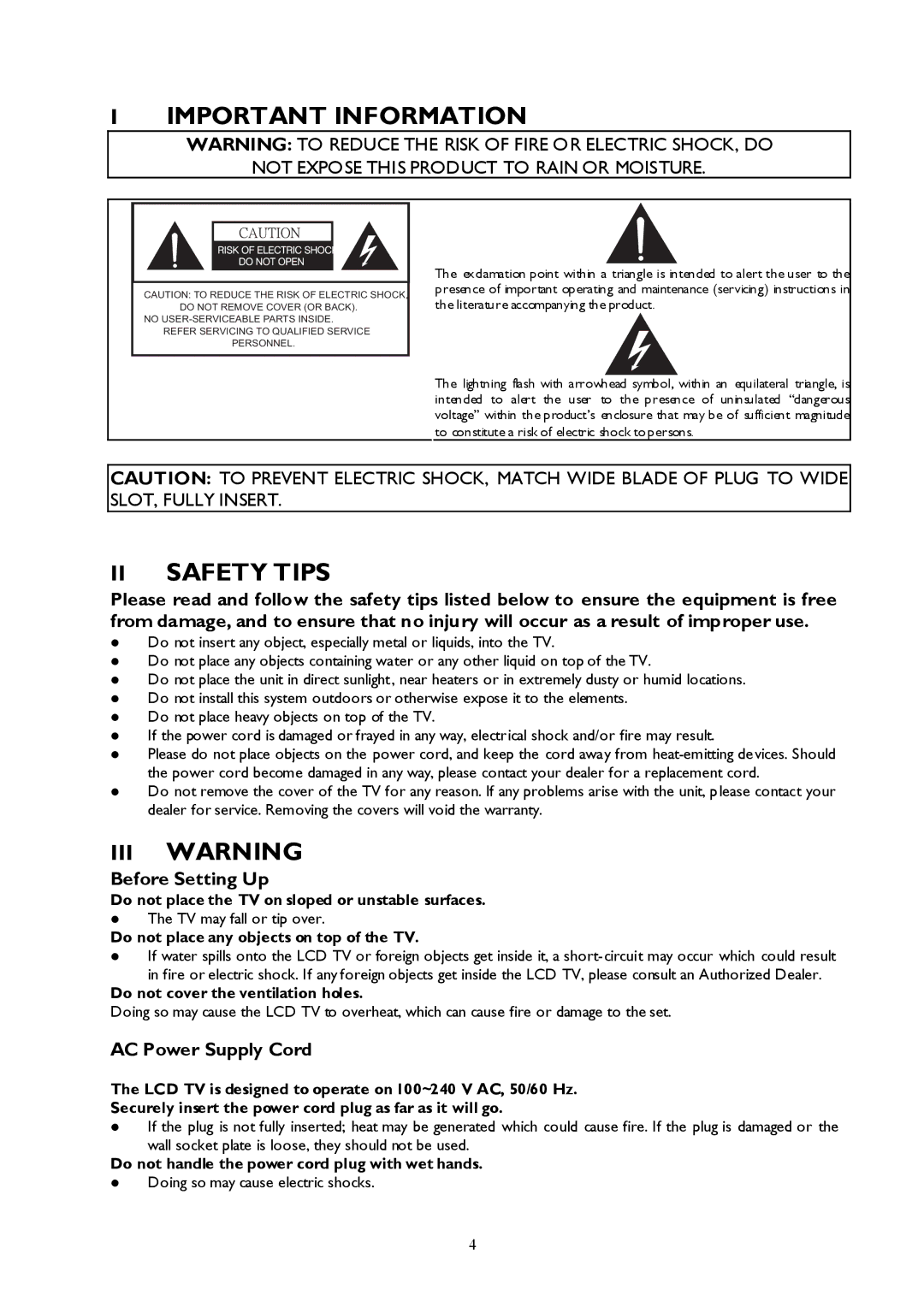 Technicolor - Thomson 27LCDB03B Important Information, II Safety Tips, III Warning, Before Setting Up 