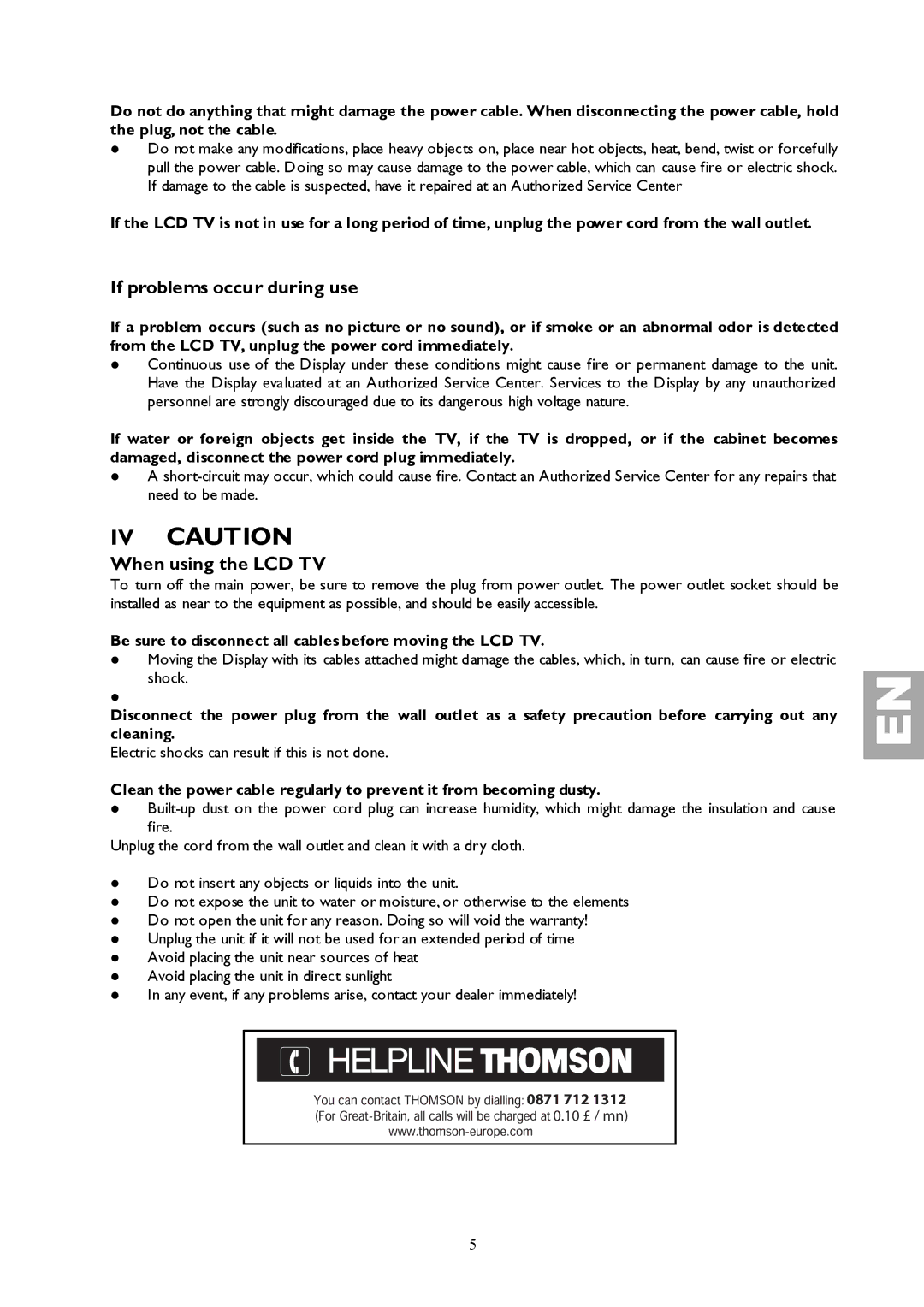 Technicolor - Thomson 27LCDB03B IV Caution, If problems occur during use, When using the LCD TV 