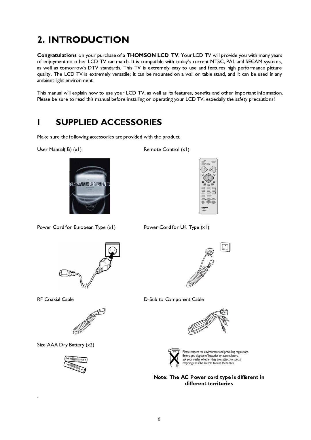 Technicolor - Thomson 27LCDB03B important safety instructions Introduction, Supplied Accessories, Different territories 