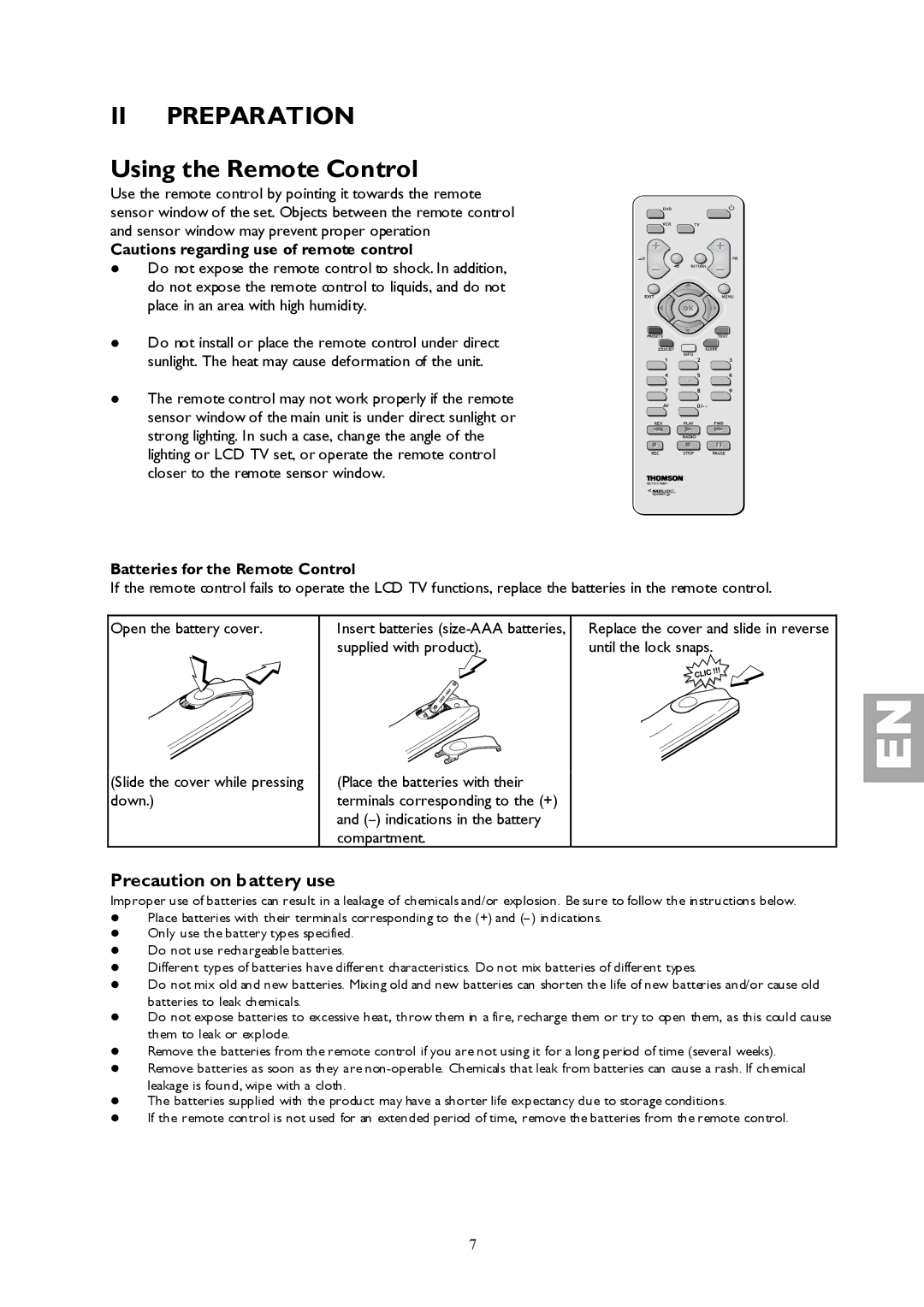 Technicolor - Thomson 27LCDB03B II Preparation, Precaution on battery use, Batteries for the Remote Control 