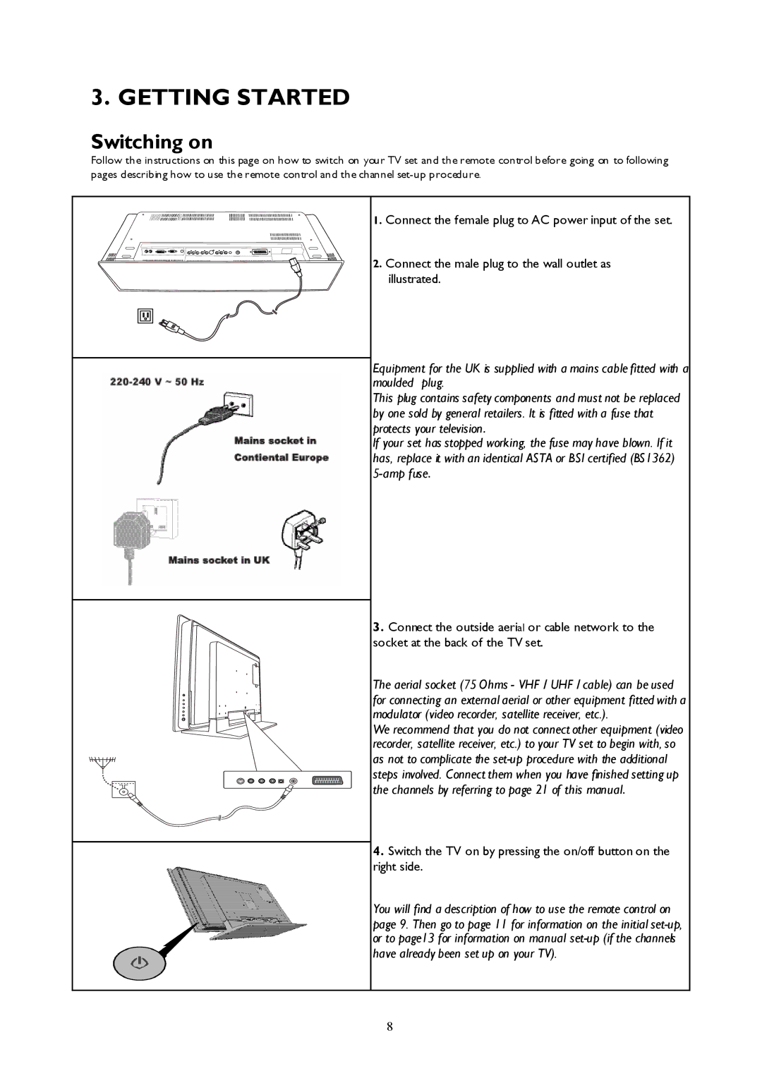 Technicolor - Thomson 27LCDB03B important safety instructions Getting Started, Switching on 