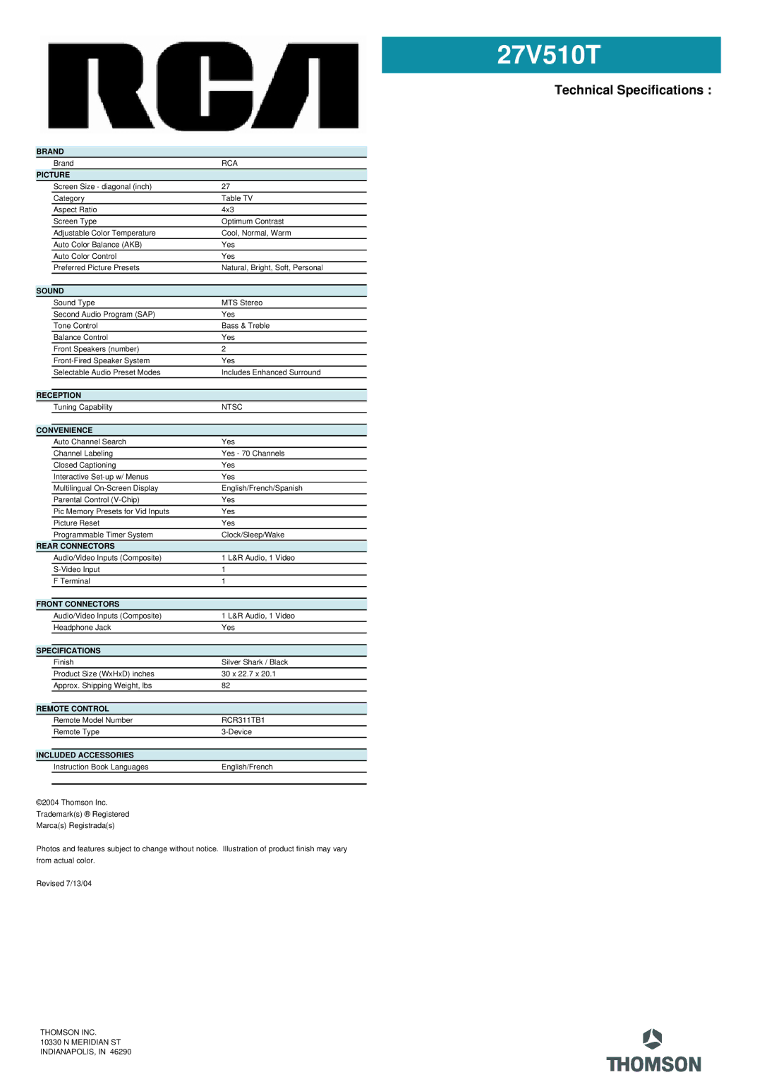 Technicolor - Thomson 27V510T manual Technical Specifications 