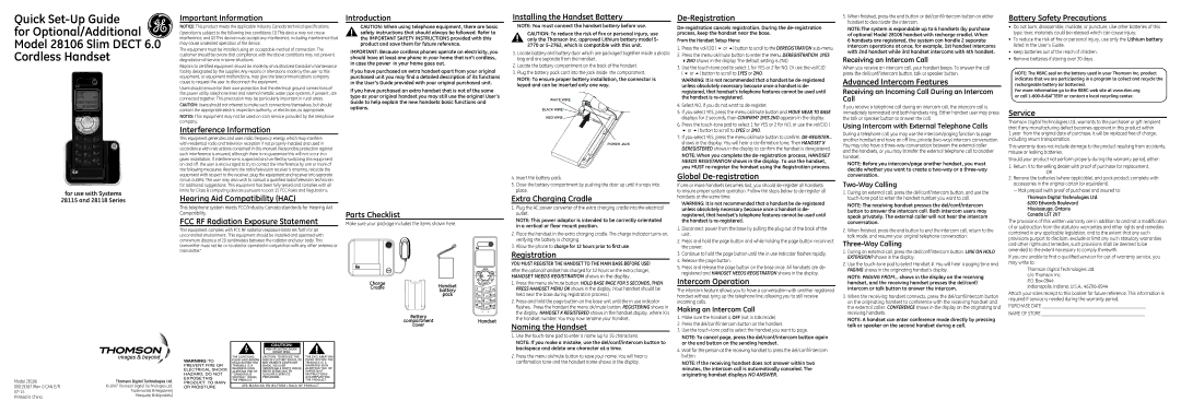 Technicolor - Thomson 28106 setup guide Important Information, Interference Information, Hearing Aid Compatibility HAC 