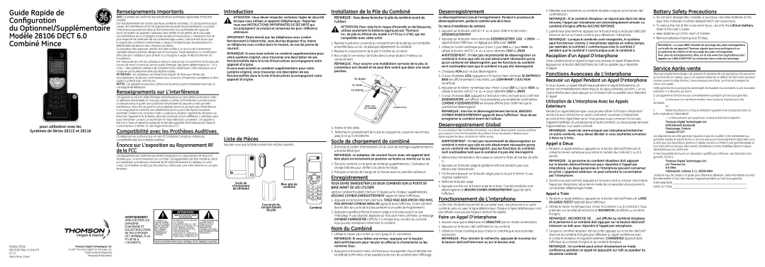 Technicolor - Thomson 28106 Renseignements Importants, Renseignements sur L’interférence, Liste de Pièces, Enregistrement 