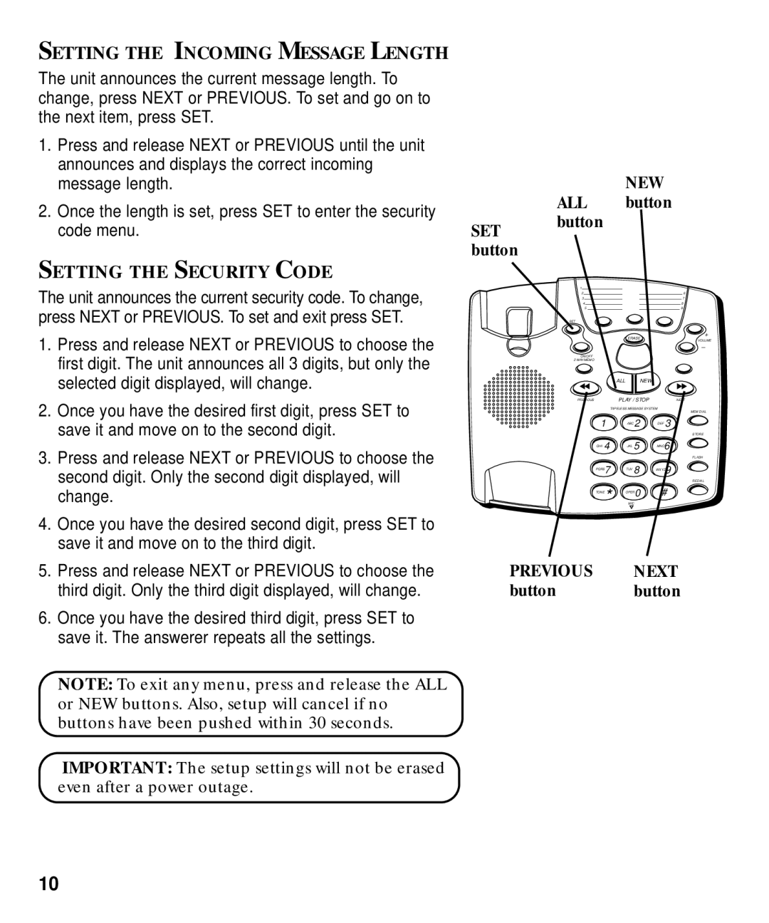 Technicolor - Thomson 29870 Series manual Setting the Incoming Message Length, Setting the Security Code, ALL button button 