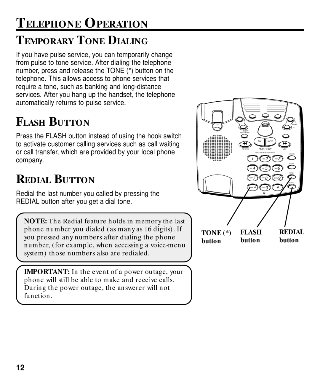 Technicolor - Thomson 29870 Series manual Telephone Operation, Temporary Tone Dialing, Flash Button, Redial Button 