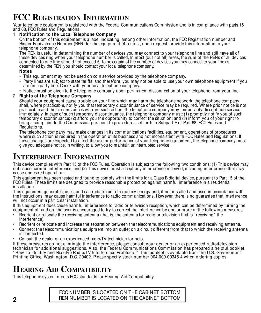 Technicolor - Thomson 29870 Series manual FCC Registration Information, Interference Information, Hearing AID Compatibility 