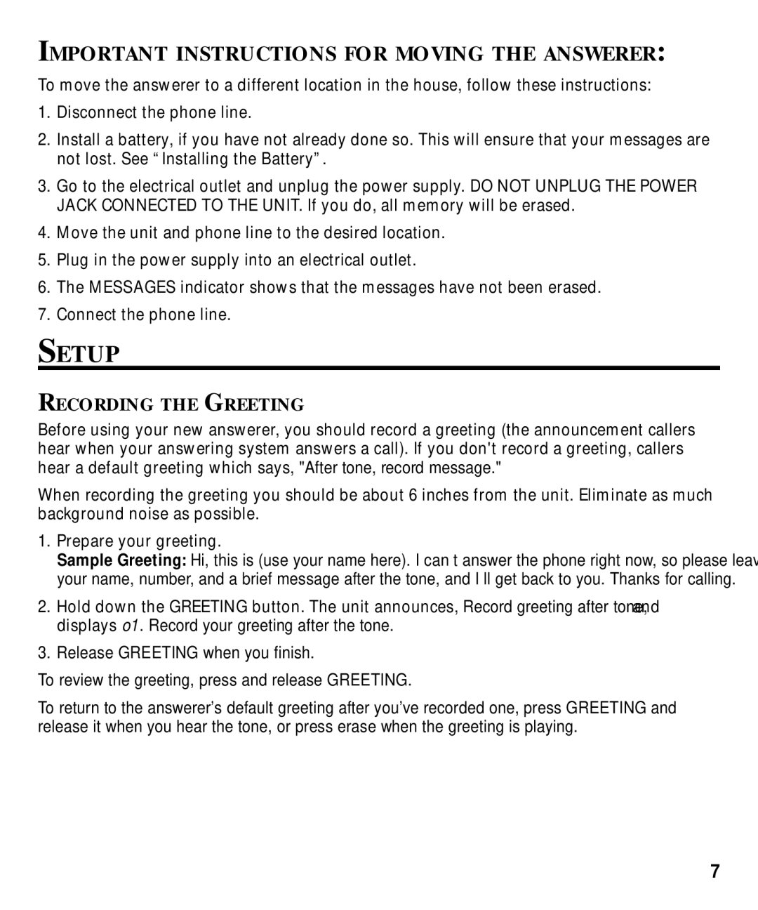 Technicolor - Thomson 29870 Series manual Setup, Important Instructions for Moving the Answerer, Recording the Greeting 