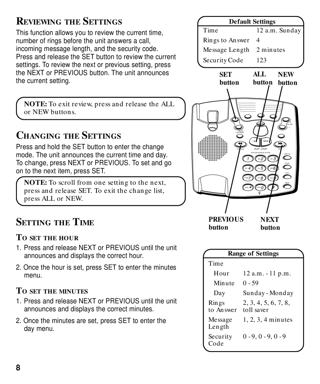 Technicolor - Thomson 29870 Series manual Reviewing the Settings, Changing the Settings, Setting the Time, Set All New 