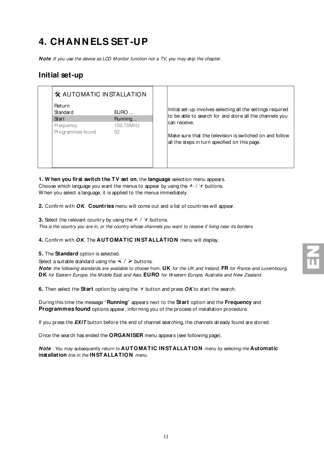 Technicolor - Thomson 30L03B important safety instructions Channels SET-UP, Initial set-up, Automatic Installation 