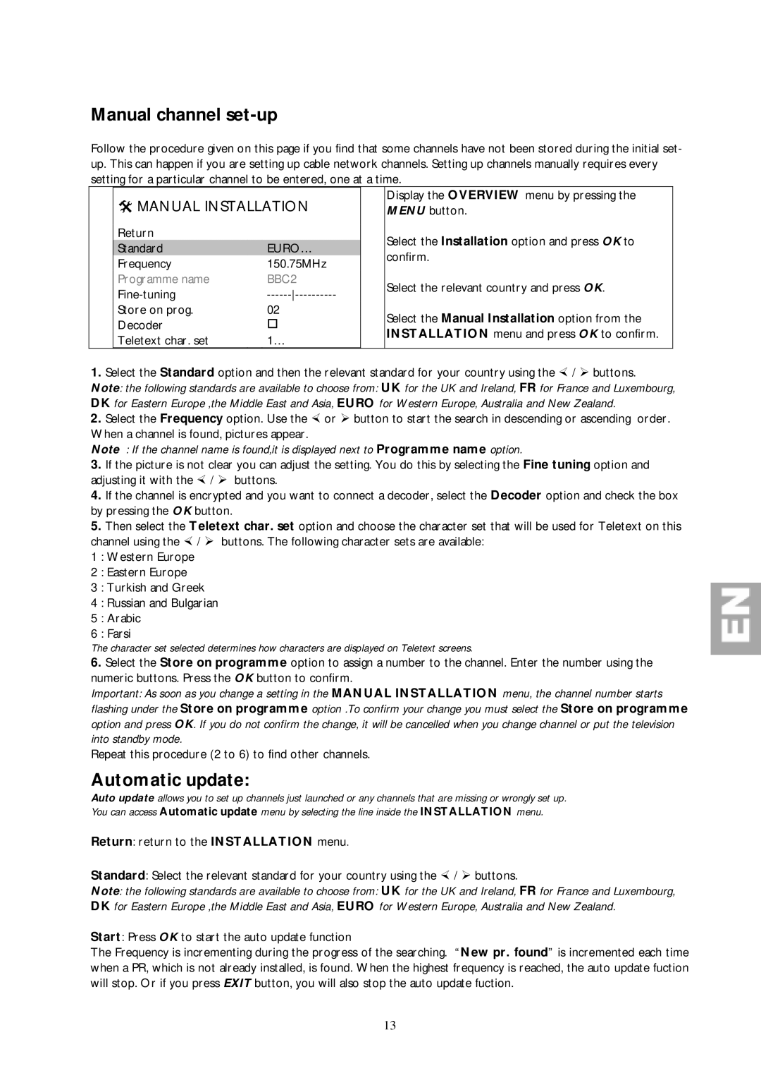 Technicolor - Thomson 30L03B important safety instructions Manual channel set-up, Automatic update, Manual Installation 