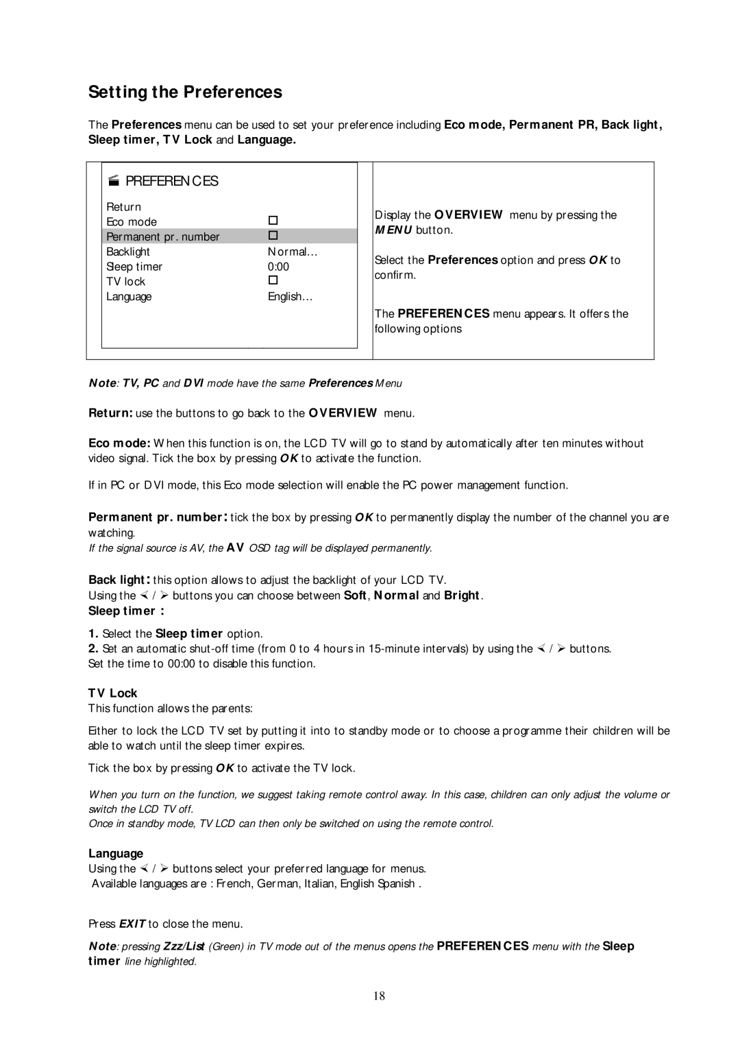 Technicolor - Thomson 30L03B important safety instructions Setting the Preferences, Sleep timer, TV Lock, Language 