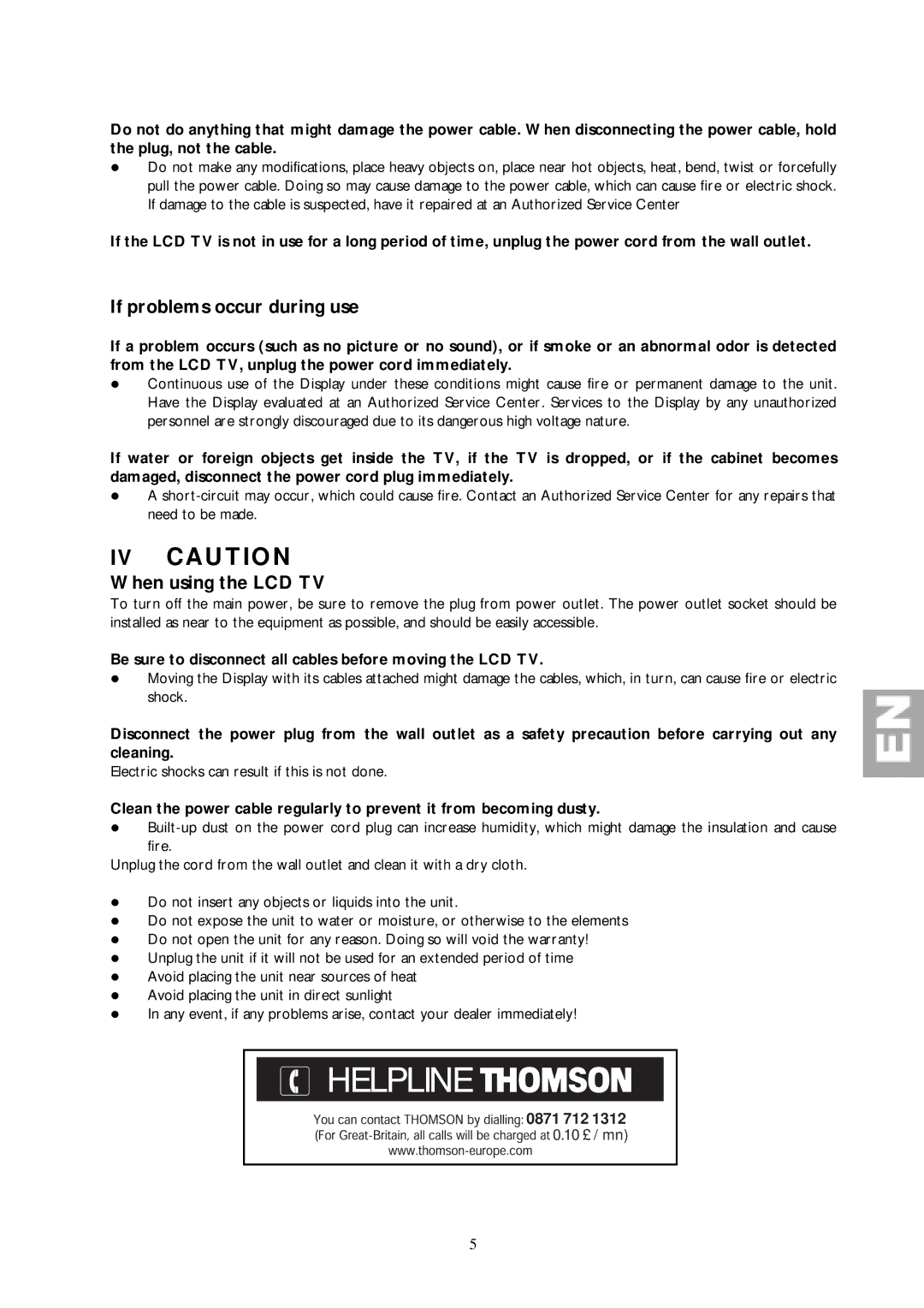 Technicolor - Thomson 30L03B important safety instructions IV Caution, If problems occur during use, When using the LCD TV 