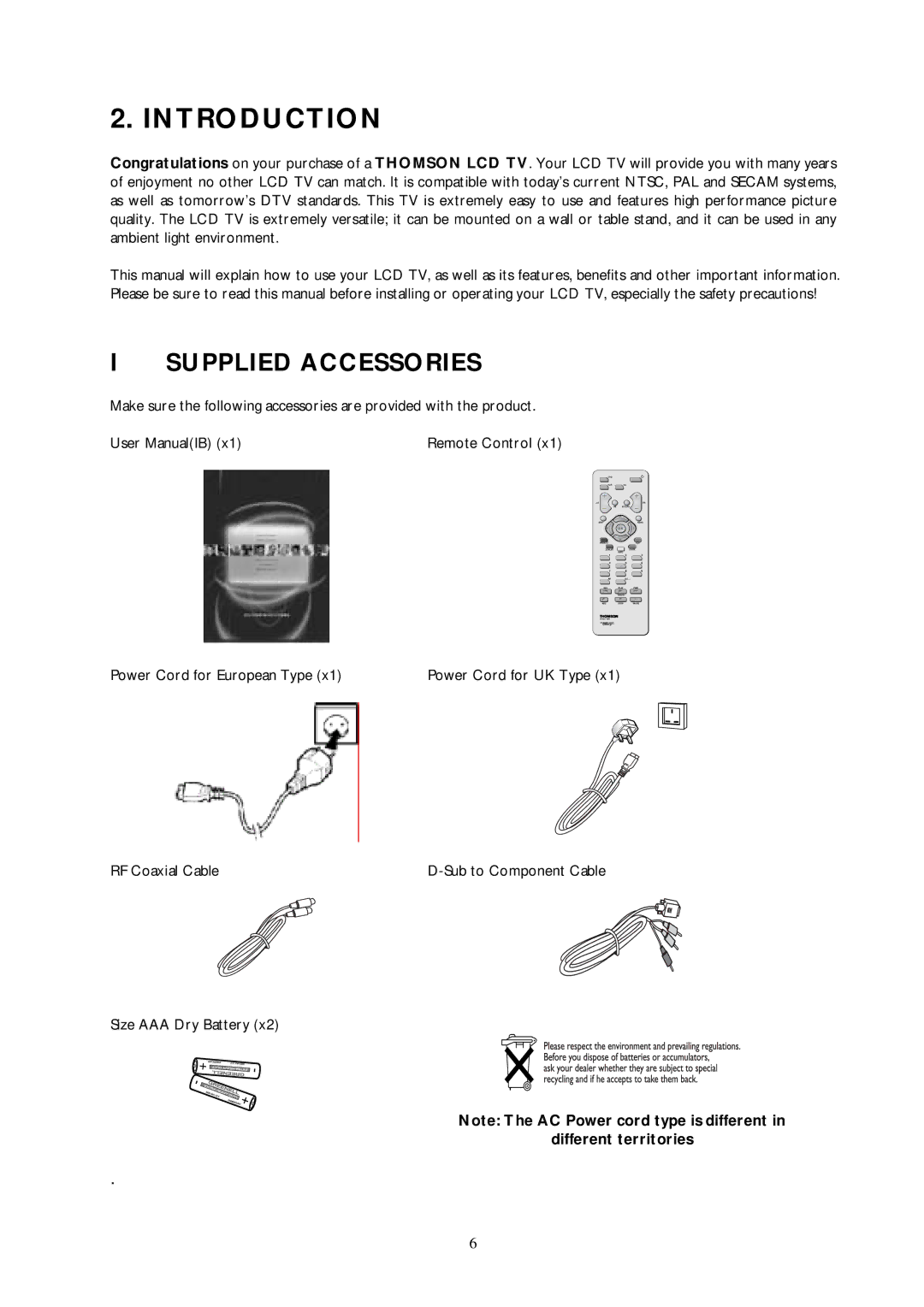 Technicolor - Thomson 30L03B important safety instructions Introduction, Supplied Accessories, Different territories 