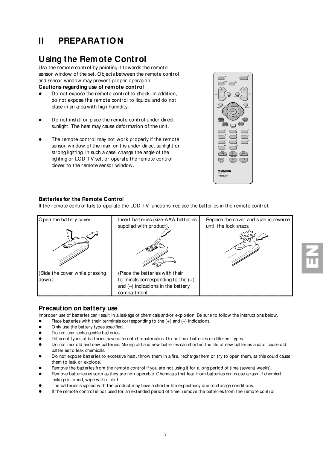 Technicolor - Thomson 30L03B II Preparation, Precaution on battery use, Batteries for the Remote Control 