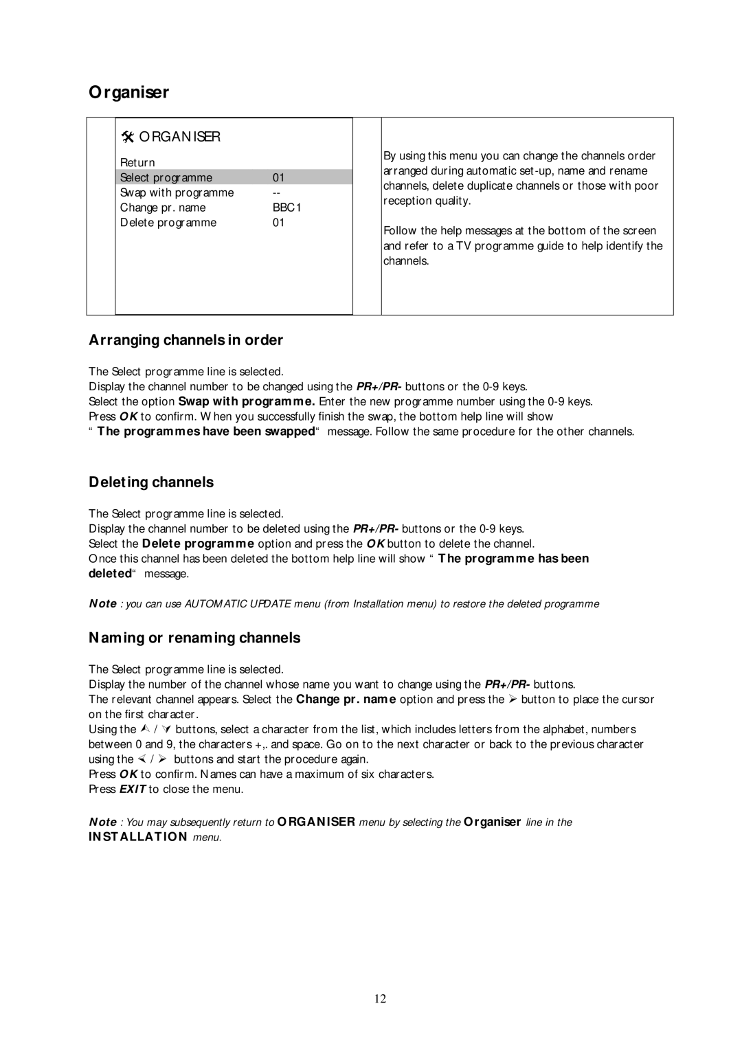 Technicolor - Thomson 30LB120S4 Organiser, Arranging channels in order, Deleting channels, Naming or renaming channels 