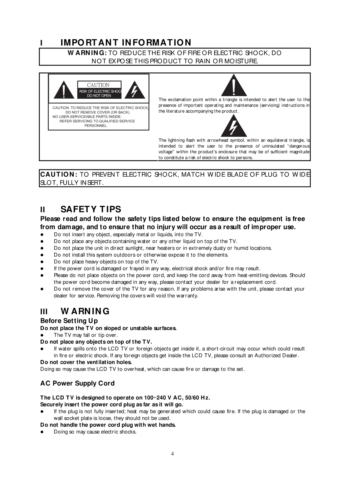 Technicolor - Thomson 30LB120S4 Important Information, II Safety Tips, III Warning, Before Setting Up 