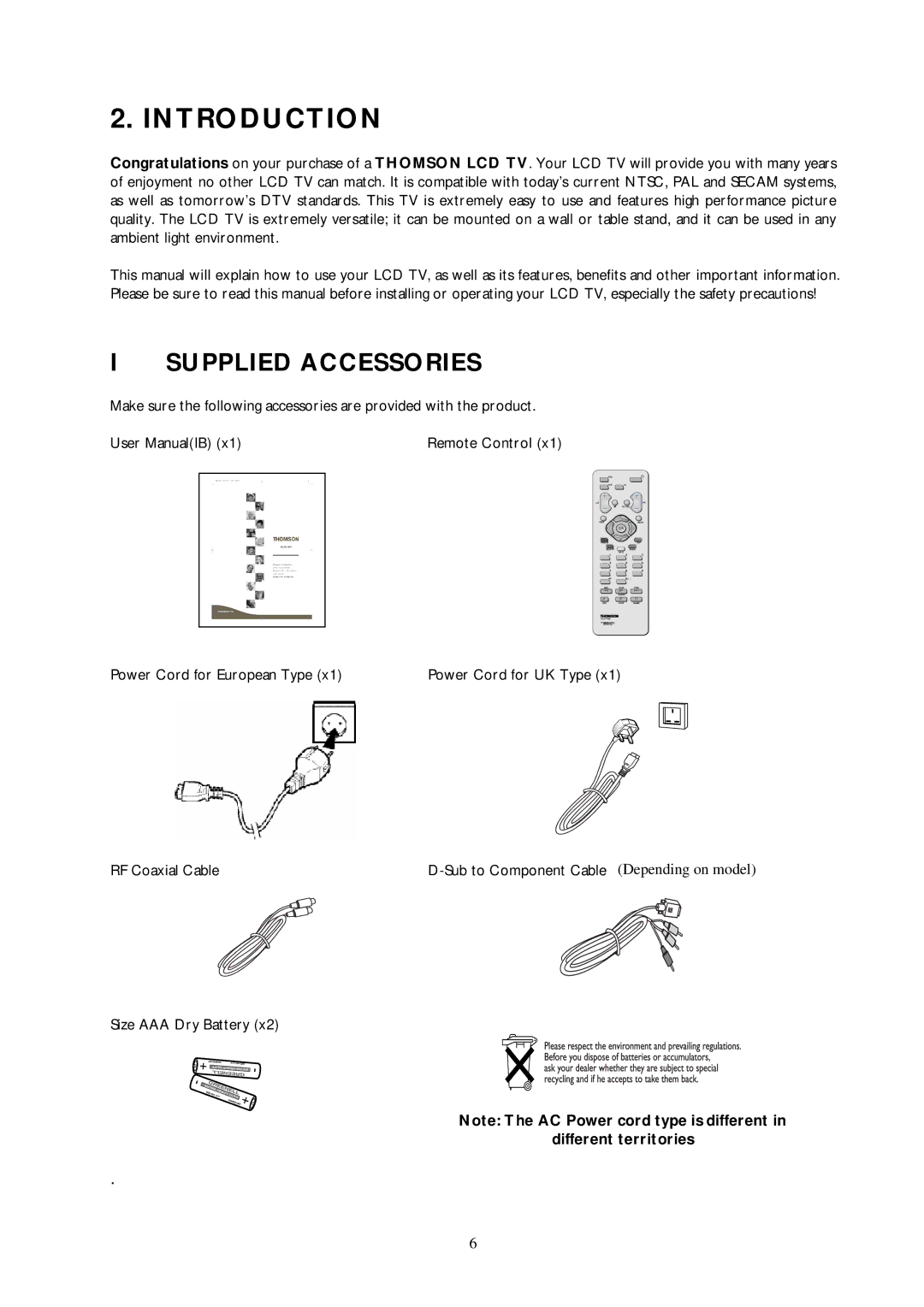 Technicolor - Thomson 30LB120S4 important safety instructions Introduction, Supplied Accessories, Different territories 