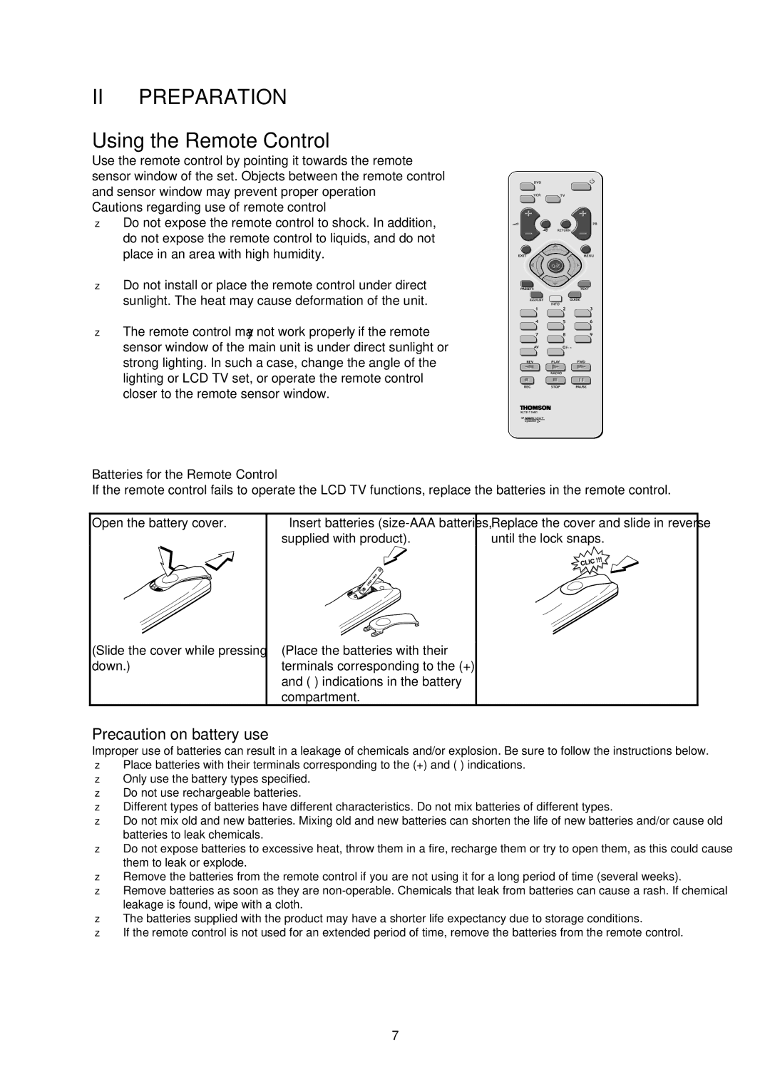 Technicolor - Thomson 30LB120S4 II Preparation, Precaution on battery use, Batteries for the Remote Control 