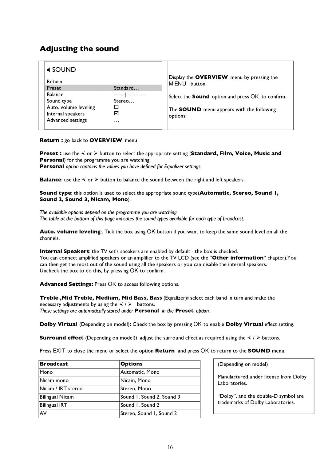 Technicolor - Thomson 32LB115 manual Adjusting the sound, Sound, Return go back to Overview menu, Broadcast Options 