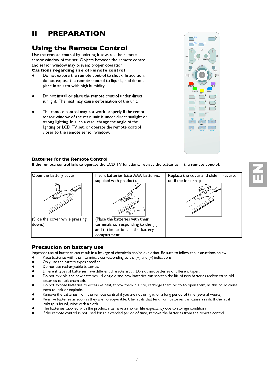 Technicolor - Thomson 32LB115 manual II Preparation, Precaution on battery use, Batteries for the Remote Control 