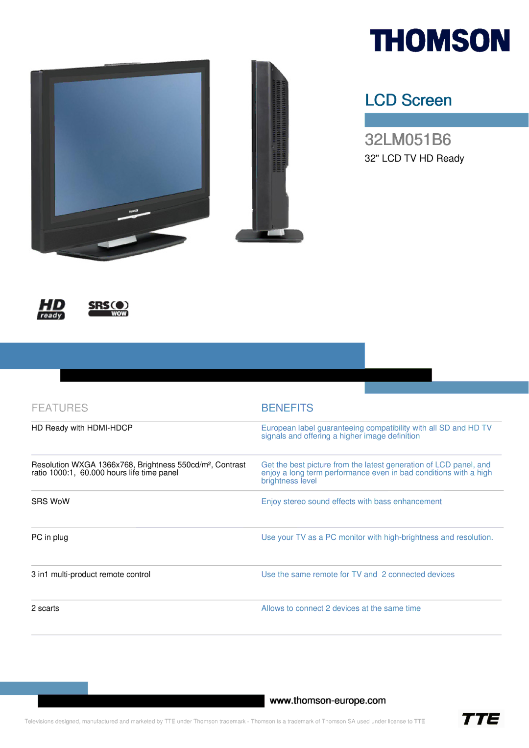 Technicolor - Thomson 32LM051B6 manual Signals and offering a higher image definition 