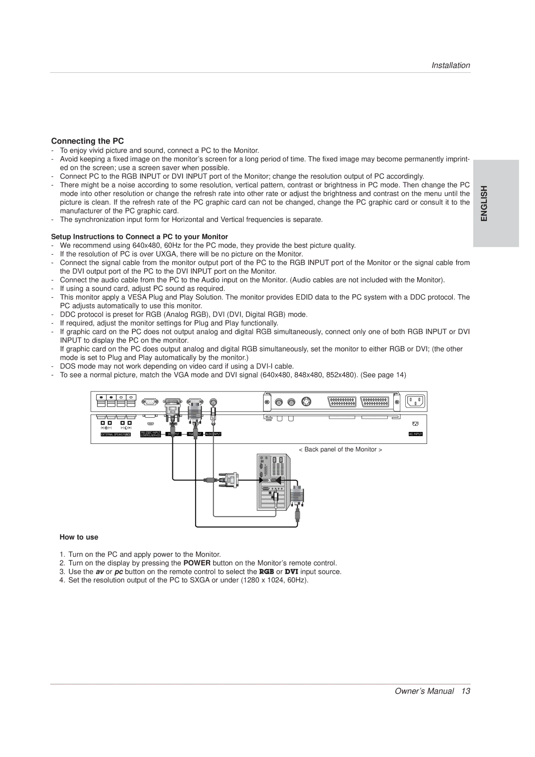 Technicolor - Thomson 42 WM 03 L manual Connecting the PC, Setup Instructions to Connect a PC to your Monitor 