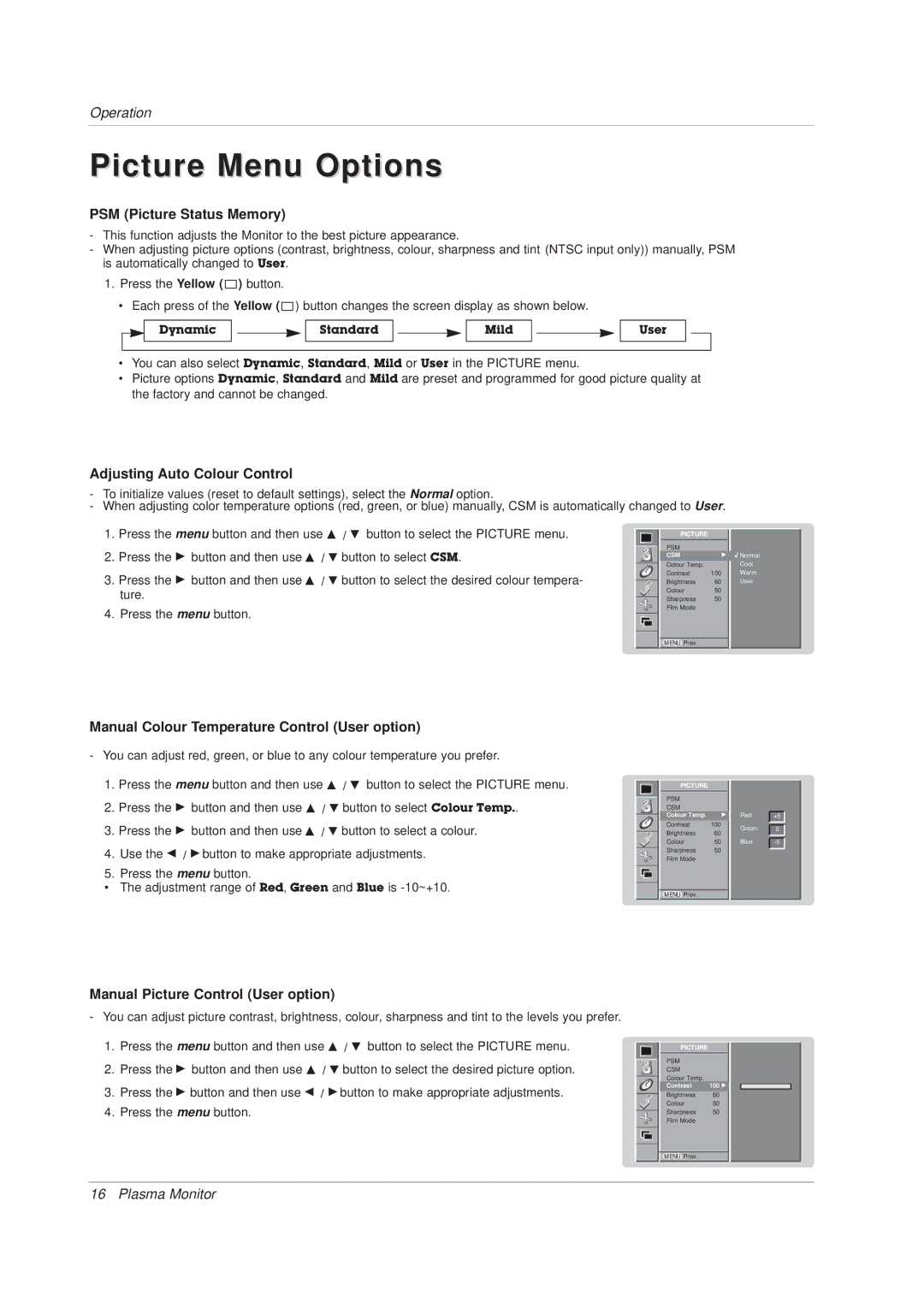 Technicolor - Thomson 42 WM 03 L manual Picture Menu Options, PSM Picture Status Memory, Adjusting Auto Colour Control 