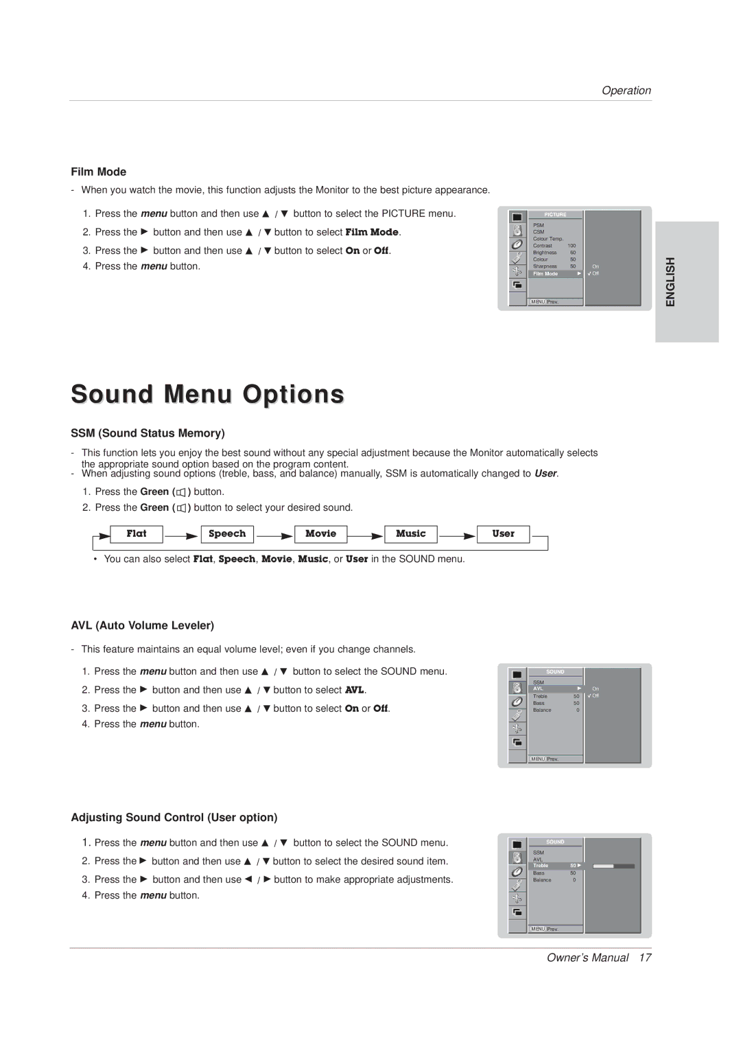 Technicolor - Thomson 42 WM 03 L manual Sound Menu Options, Film Mode, SSM Sound Status Memory, AVL Auto Volume Leveler 