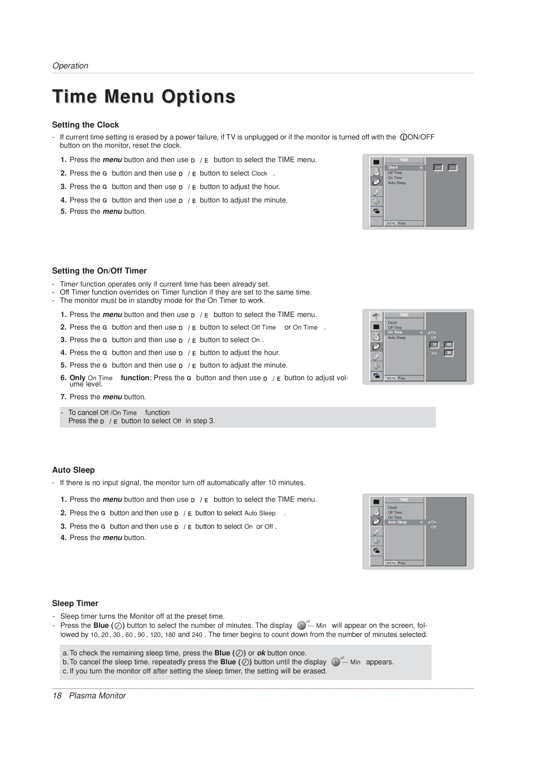 Technicolor - Thomson 42 WM 03 L Time Menu Options, Setting the Clock, Setting the On/Off Timer, Auto Sleep, Sleep Timer 