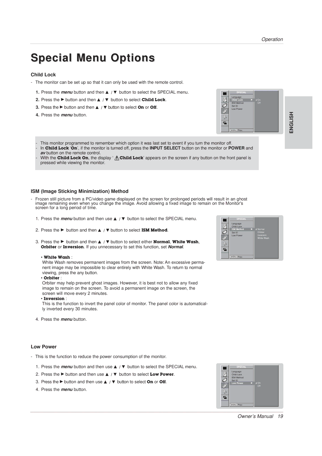 Technicolor - Thomson 42 WM 03 L manual Special Menu Options, Child Lock, ISM Image Sticking Minimization Method, Low Power 