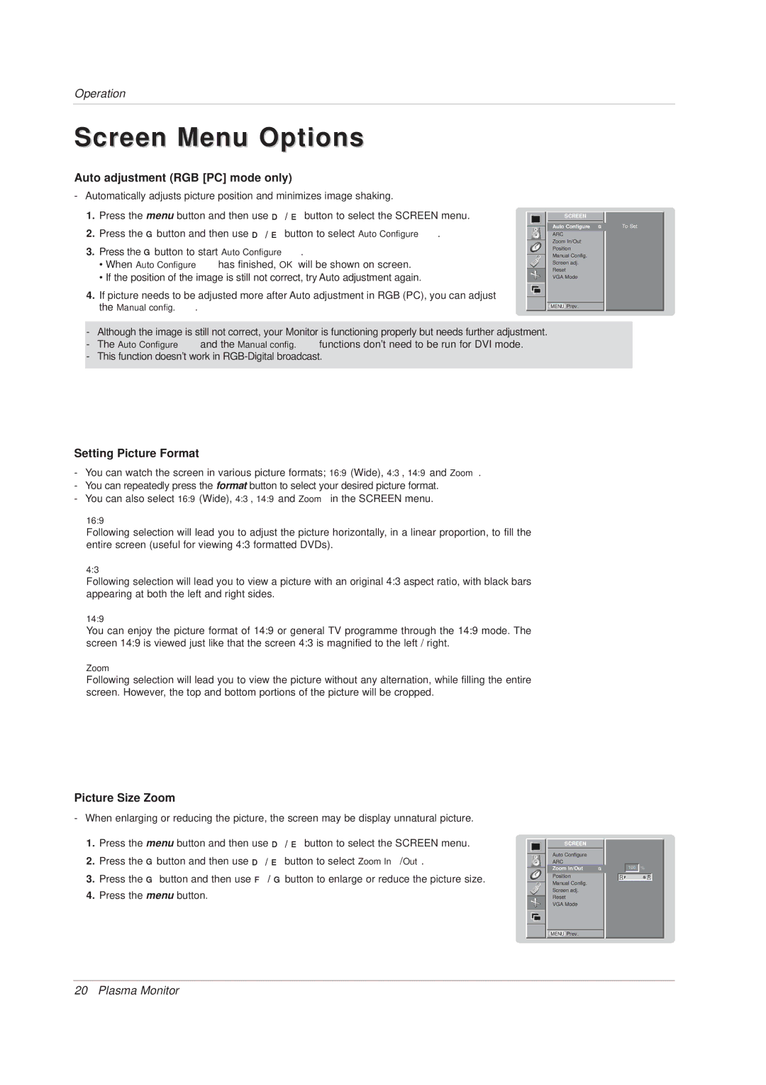 Technicolor - Thomson 42 WM 03 L manual Screen Menu Options, Auto adjustment RGB PC mode only, Setting Picture Format 