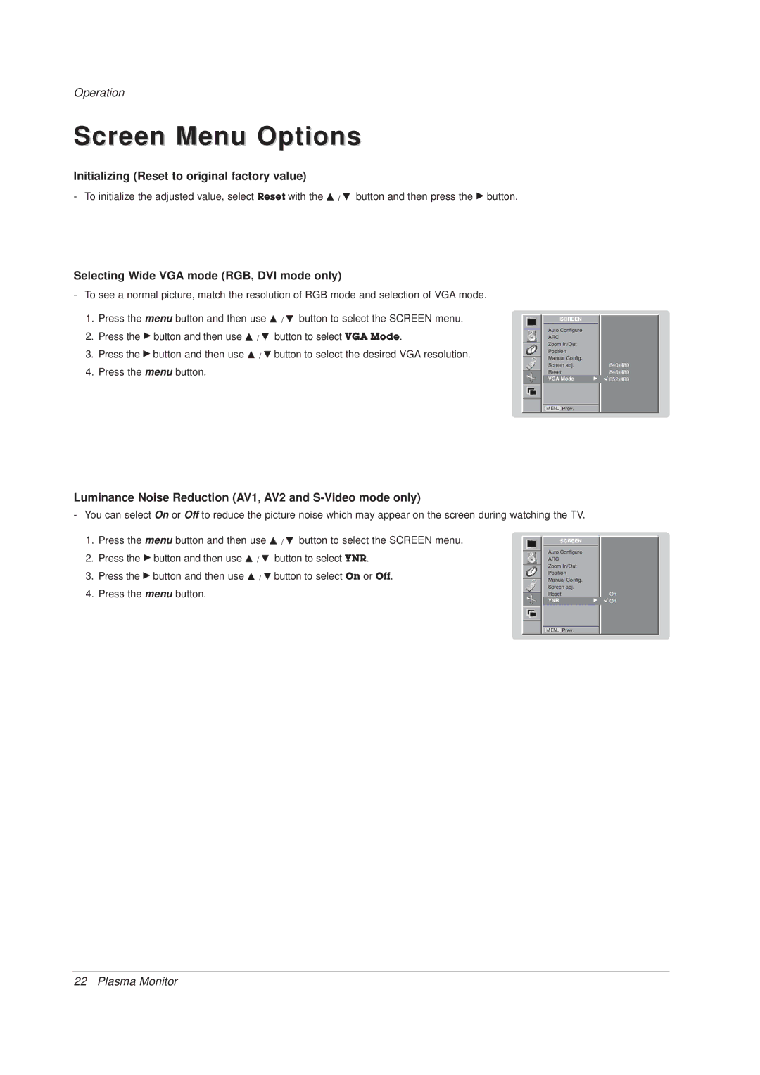 Technicolor - Thomson 42 WM 03 L Initializing Reset to original factory value, Selecting Wide VGA mode RGB, DVI mode only 