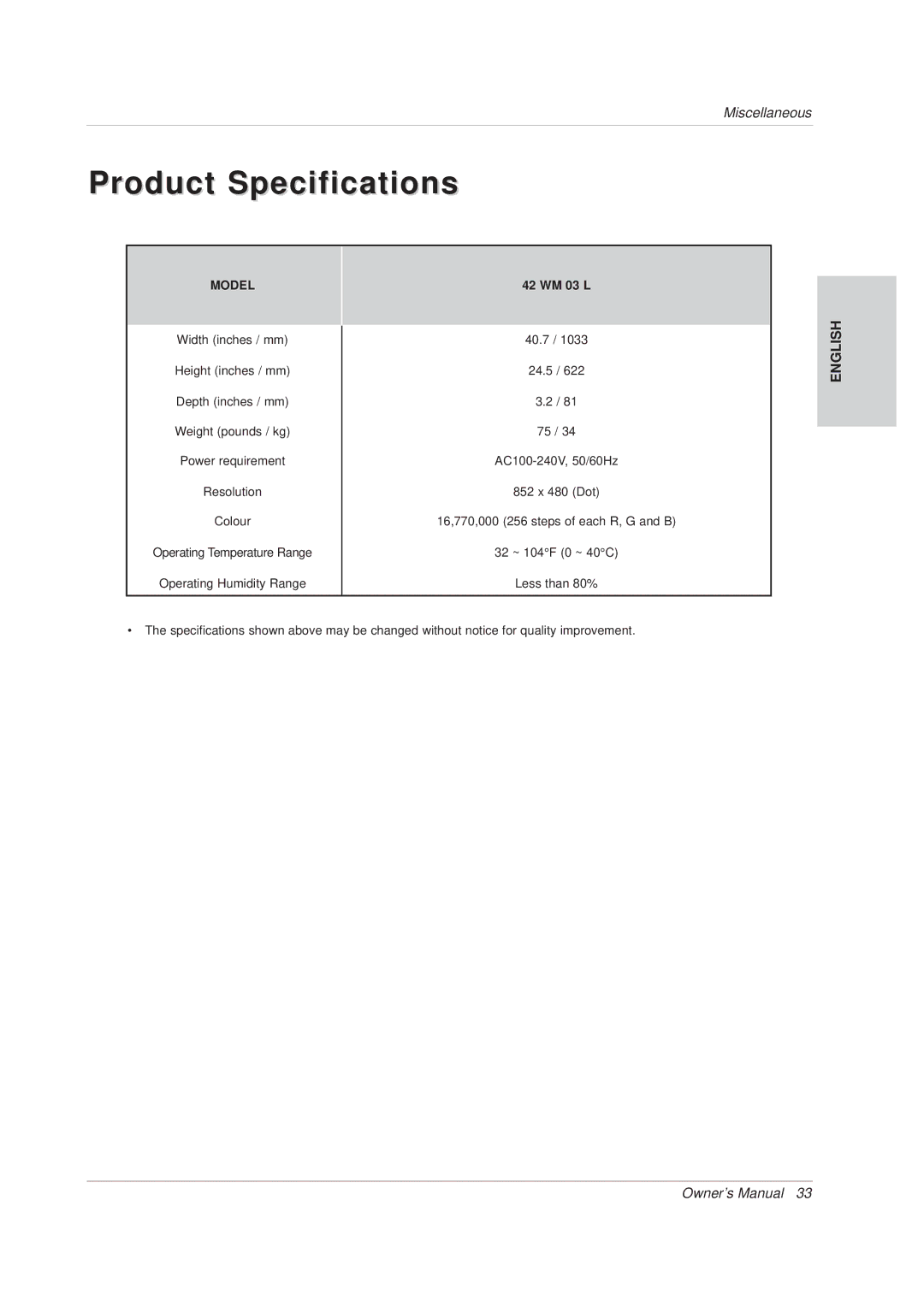 Technicolor - Thomson 42 WM 03 L manual Product Specifications, Model 