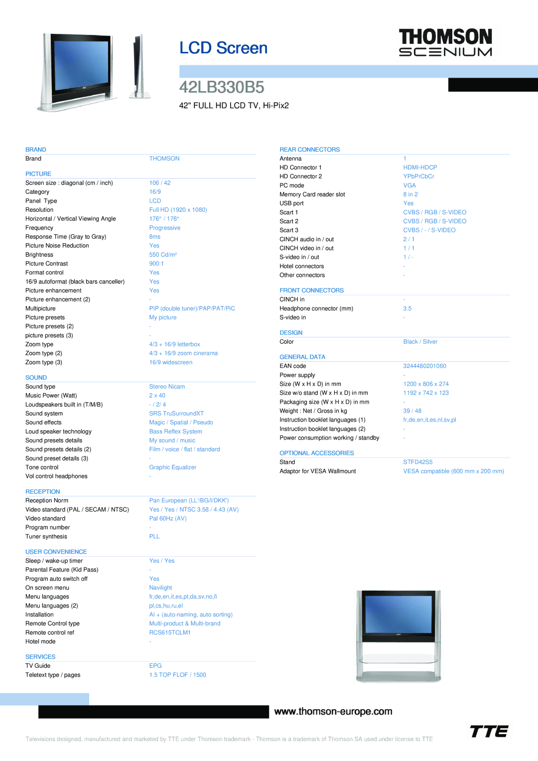 Technicolor - Thomson 42LB330B5 Brand, Picture, Sound, Reception, User Convenience, Services, Rear Connectors, Design 