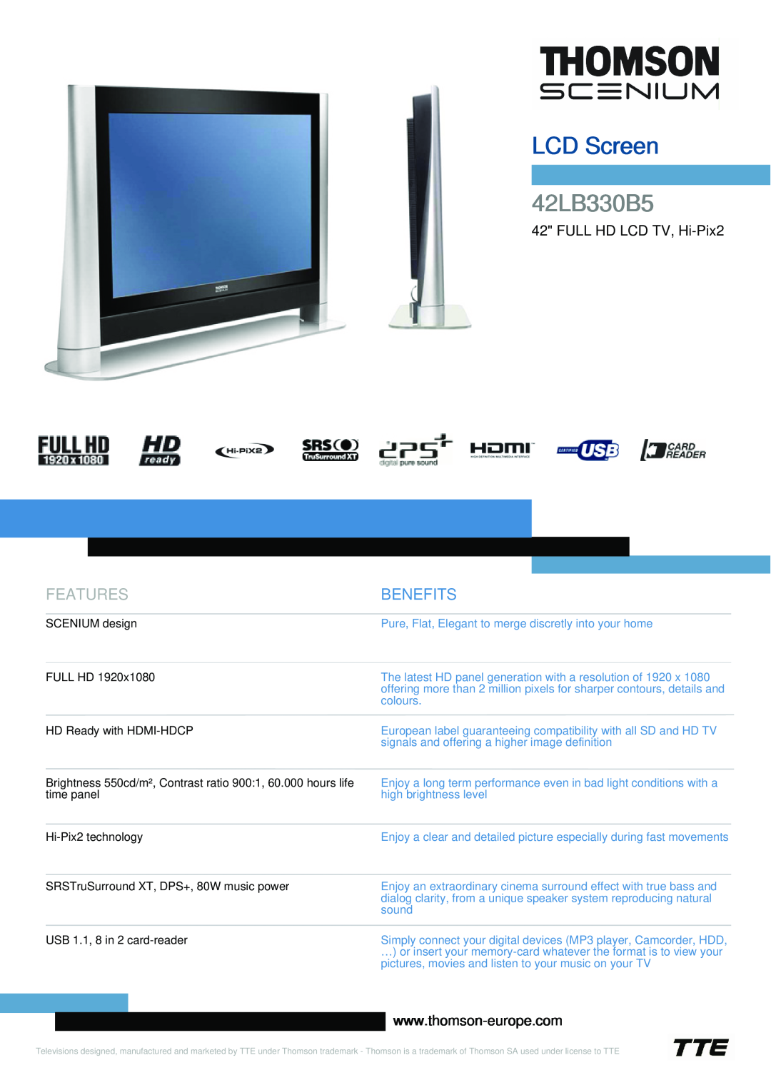 Technicolor - Thomson 42LB330B5 manual LCD Screen, Features, Benefits, FULL HD LCD TV, Hi-Pix2 