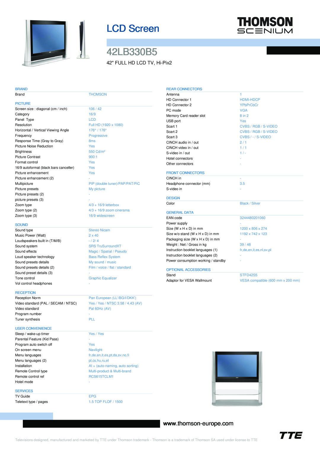 Technicolor - Thomson 42LB330B5 manual LCD Screen, FULL HD LCD TV, Hi-Pix2 