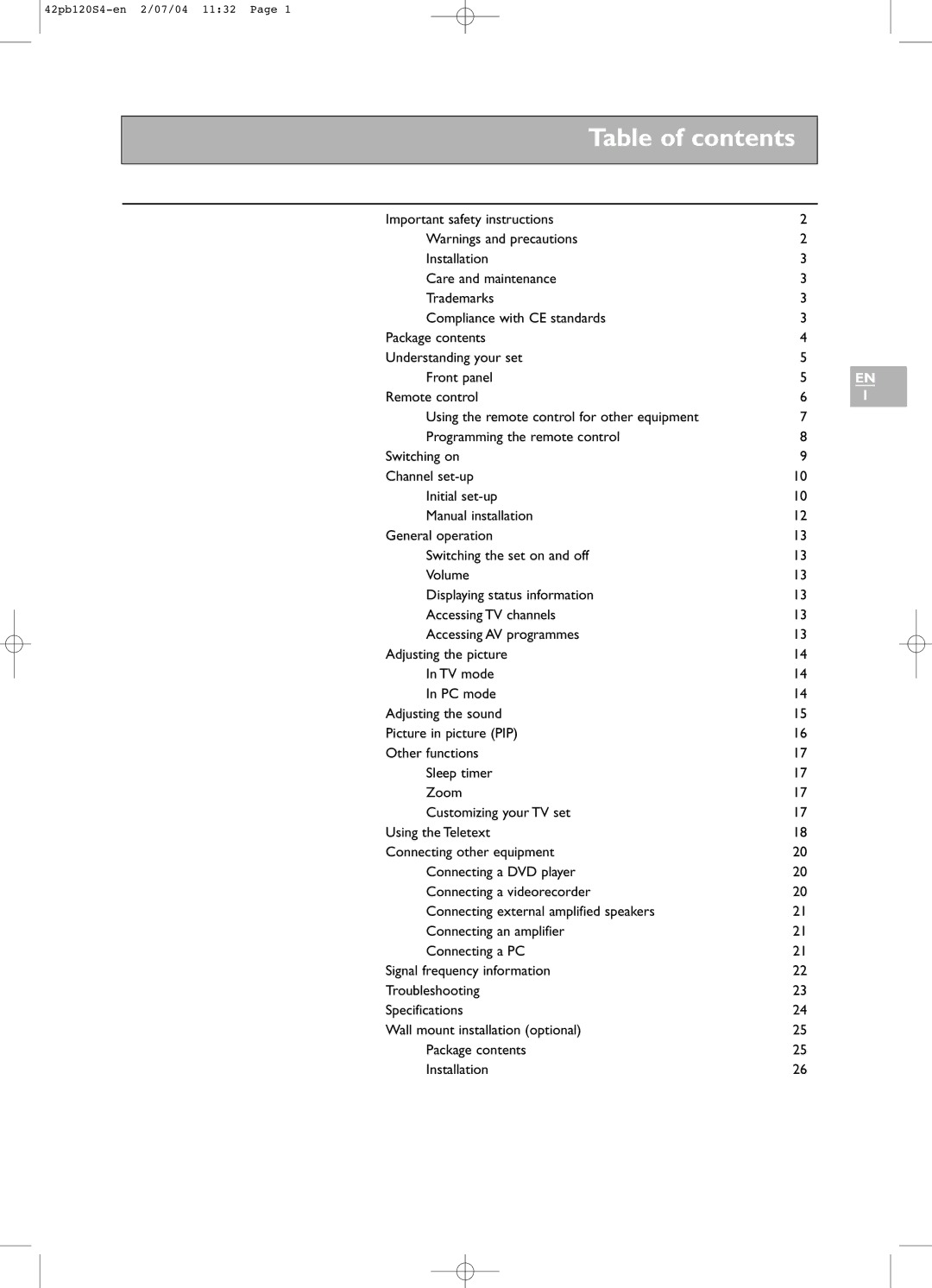 Technicolor - Thomson 42PB120S4 manual Table of contents 