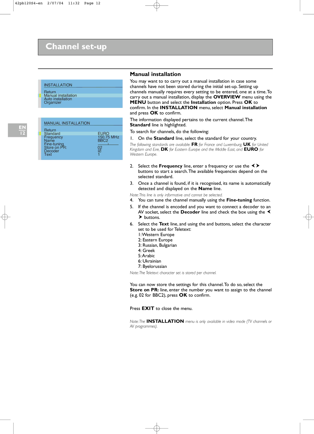 Technicolor - Thomson 42PB120S4 manual Manual installation 