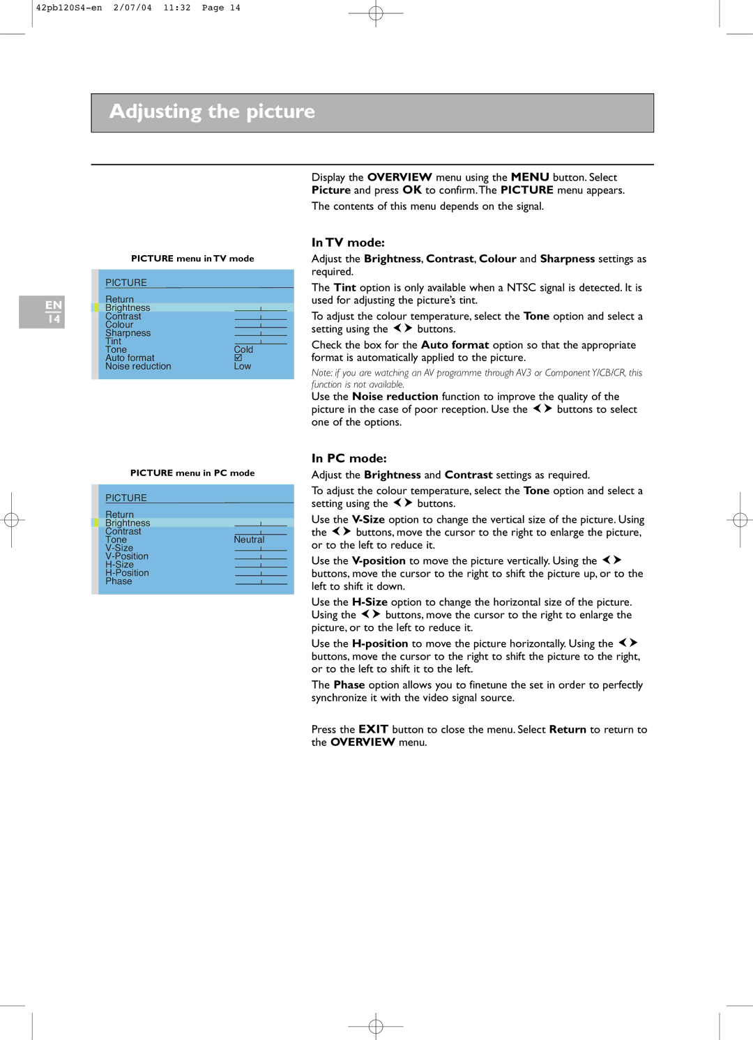 Technicolor - Thomson 42PB120S4 manual Adjusting the picture, TV mode, PC mode 